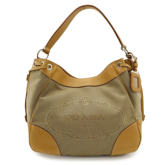 Prada Logo Jacquard Shoulder Bag Single Crossbody Canvas Leather Khaki Beige