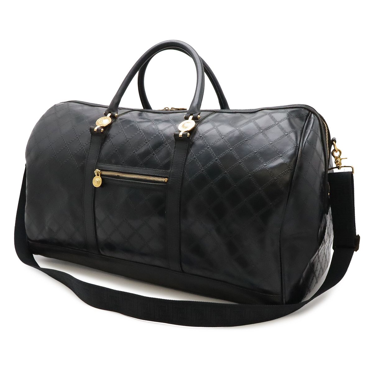 Versace Sun Logo Boston Bag Purse Nylon Black Gold — view 2