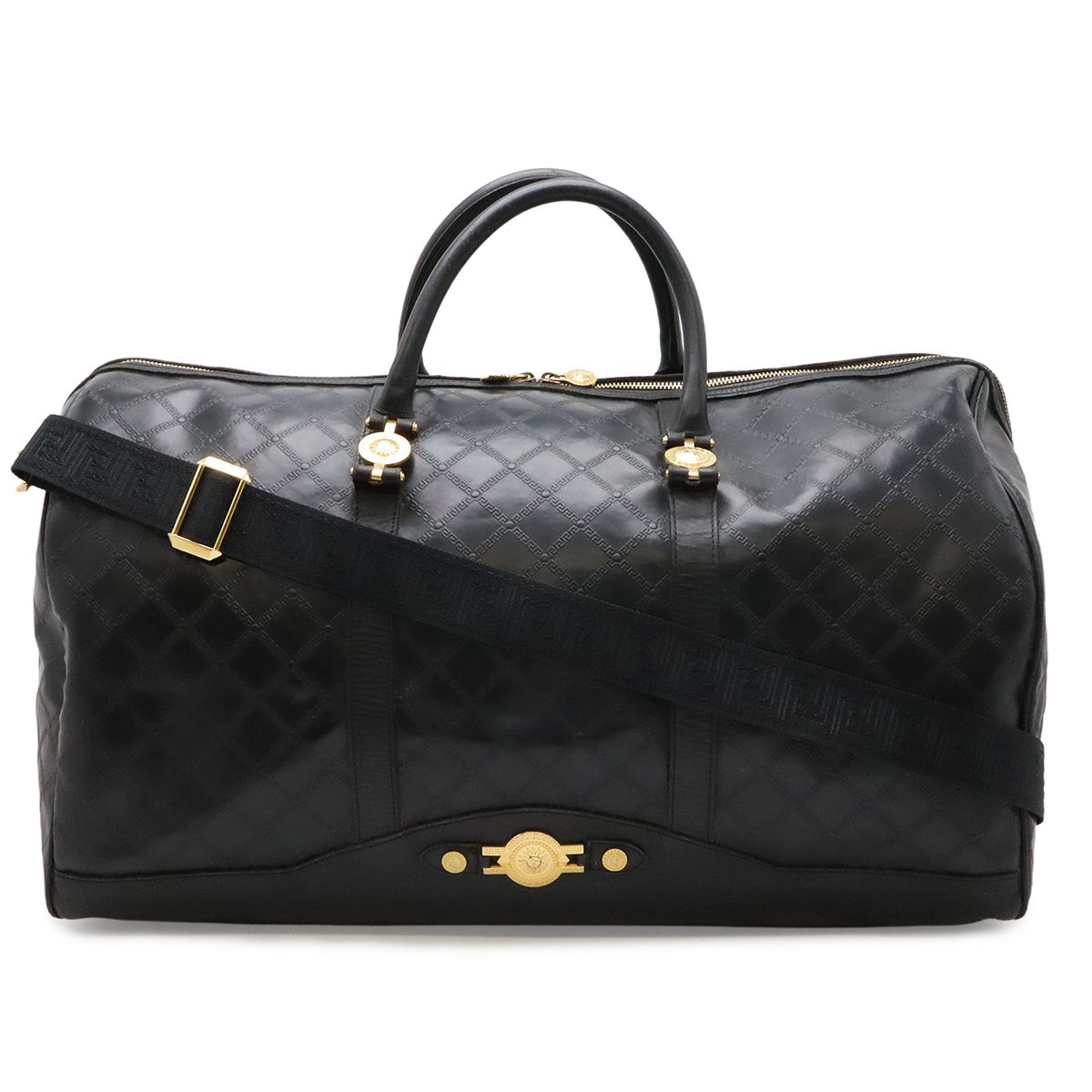 Versace Sun Logo Boston Bag Purse Nylon Black Gold