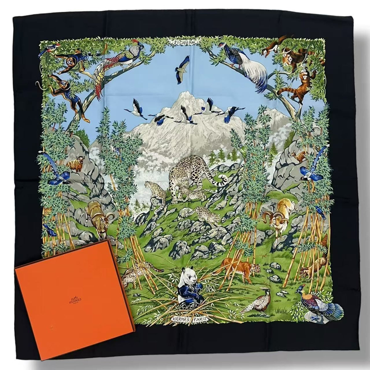 Hermes Carre 90 Scarf Silk Sichuan Panda Multicolor
