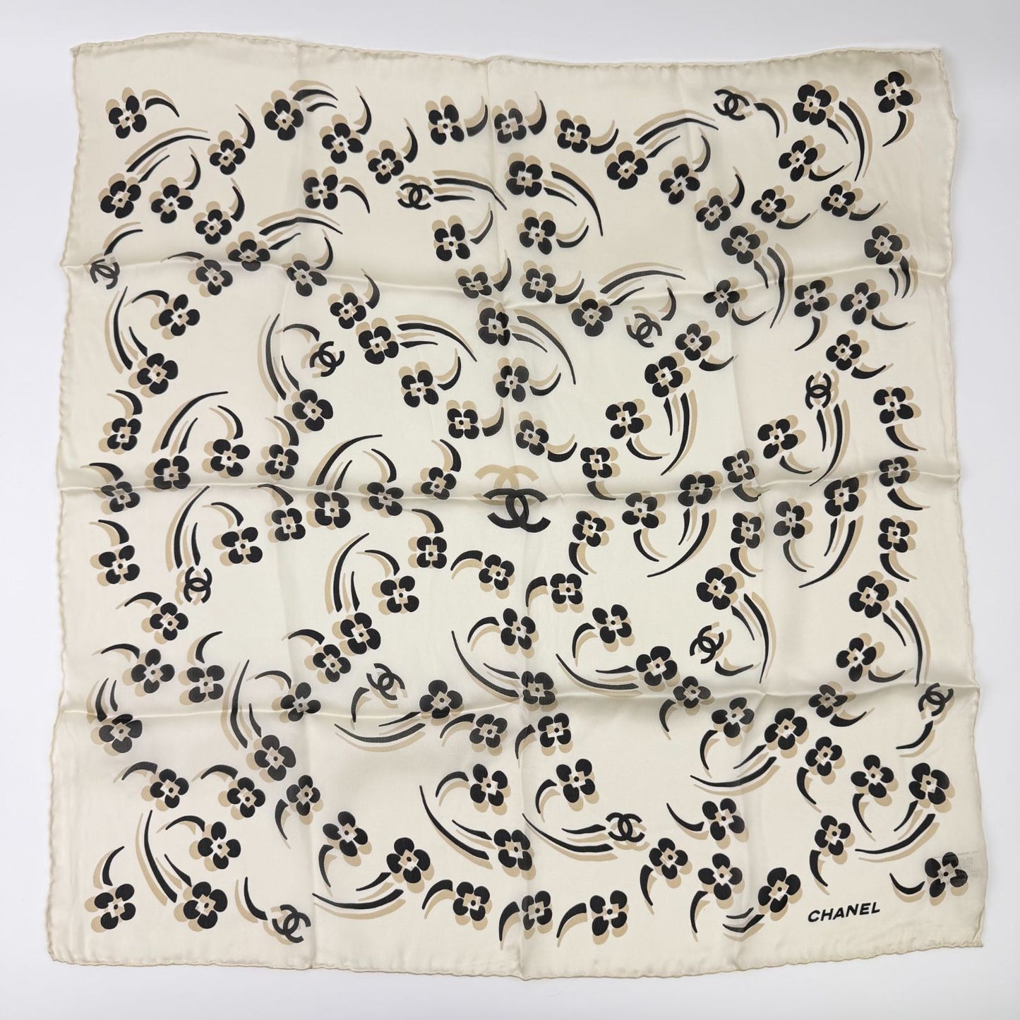 Chanel Camellia CC Logo Silk Scarf White Black Vintage
