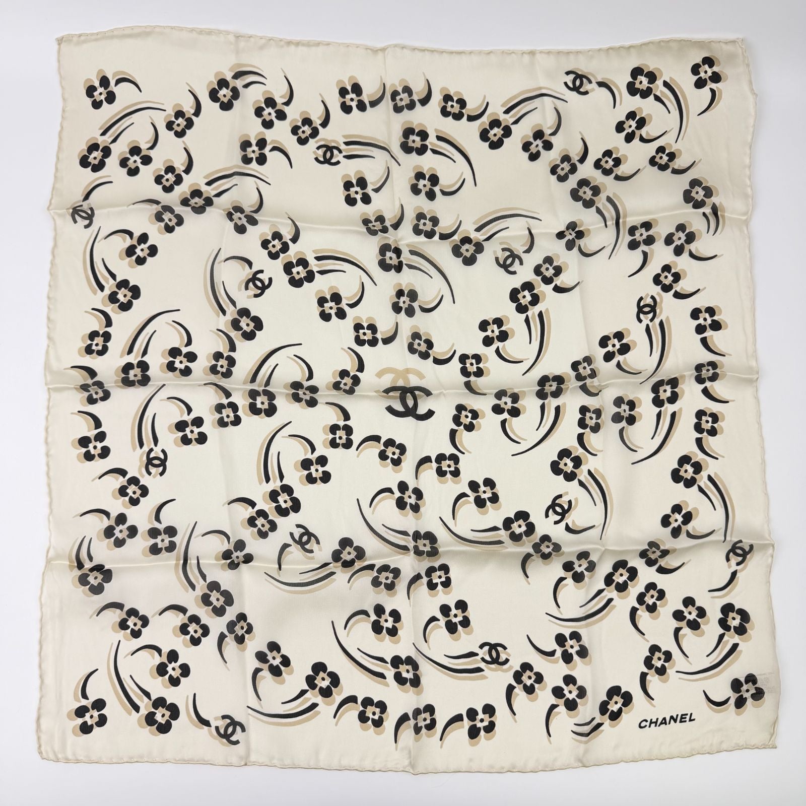 Chanel Camellia CC Logo Silk Scarf White Black Vintage
