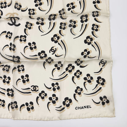 Chanel Camellia CC Logo Silk Scarf White Black Vintage — view 5