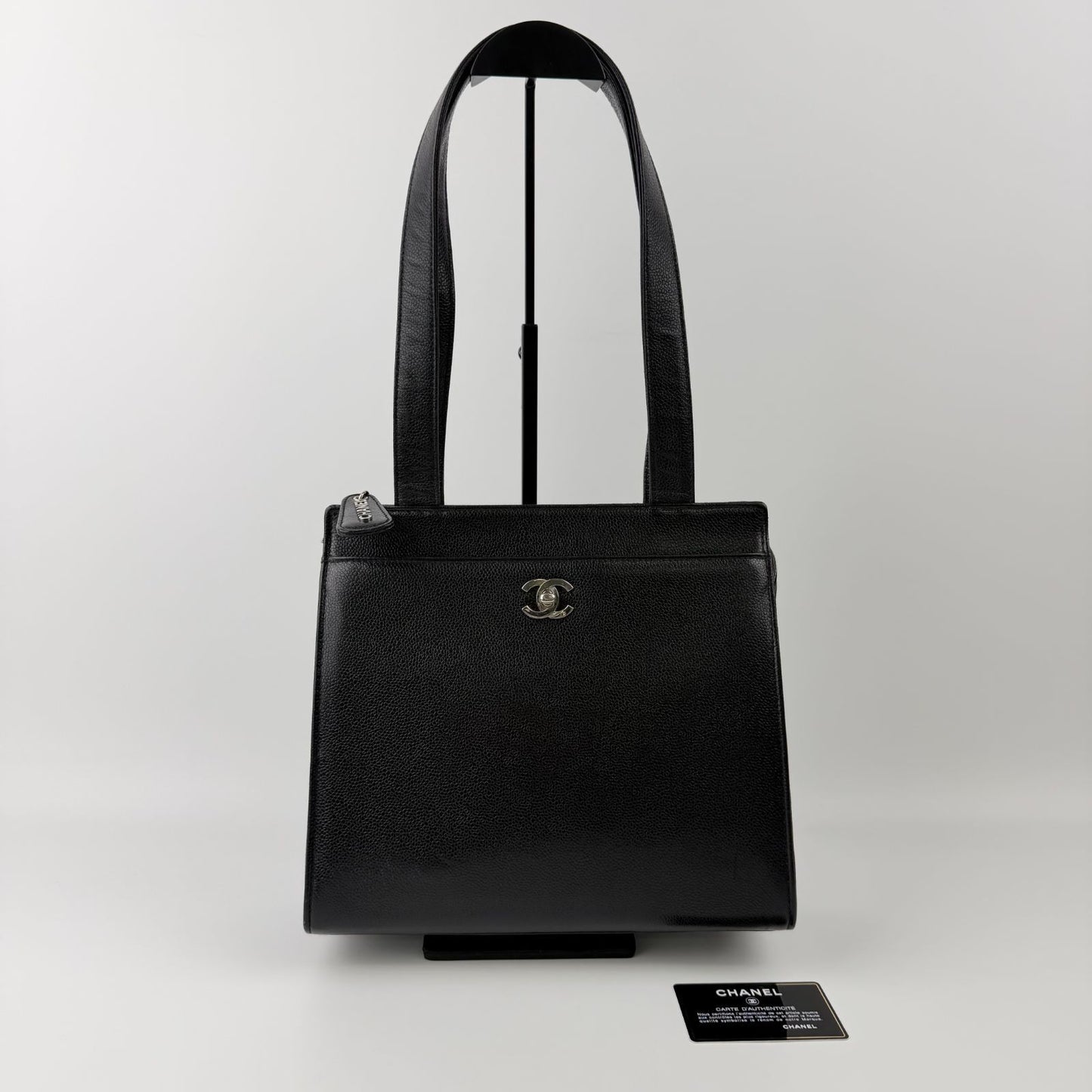 Chanel CC Logo Tote Shoulder Bag Caviar Leather Black Silver Vintage — view 3
