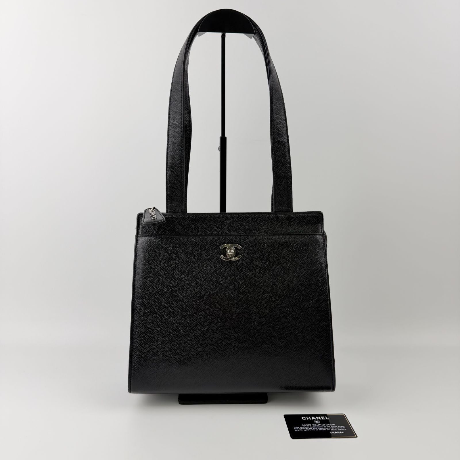 Chanel CC Logo Tote Shoulder Bag Caviar Leather Black Silver Vintage — view 3