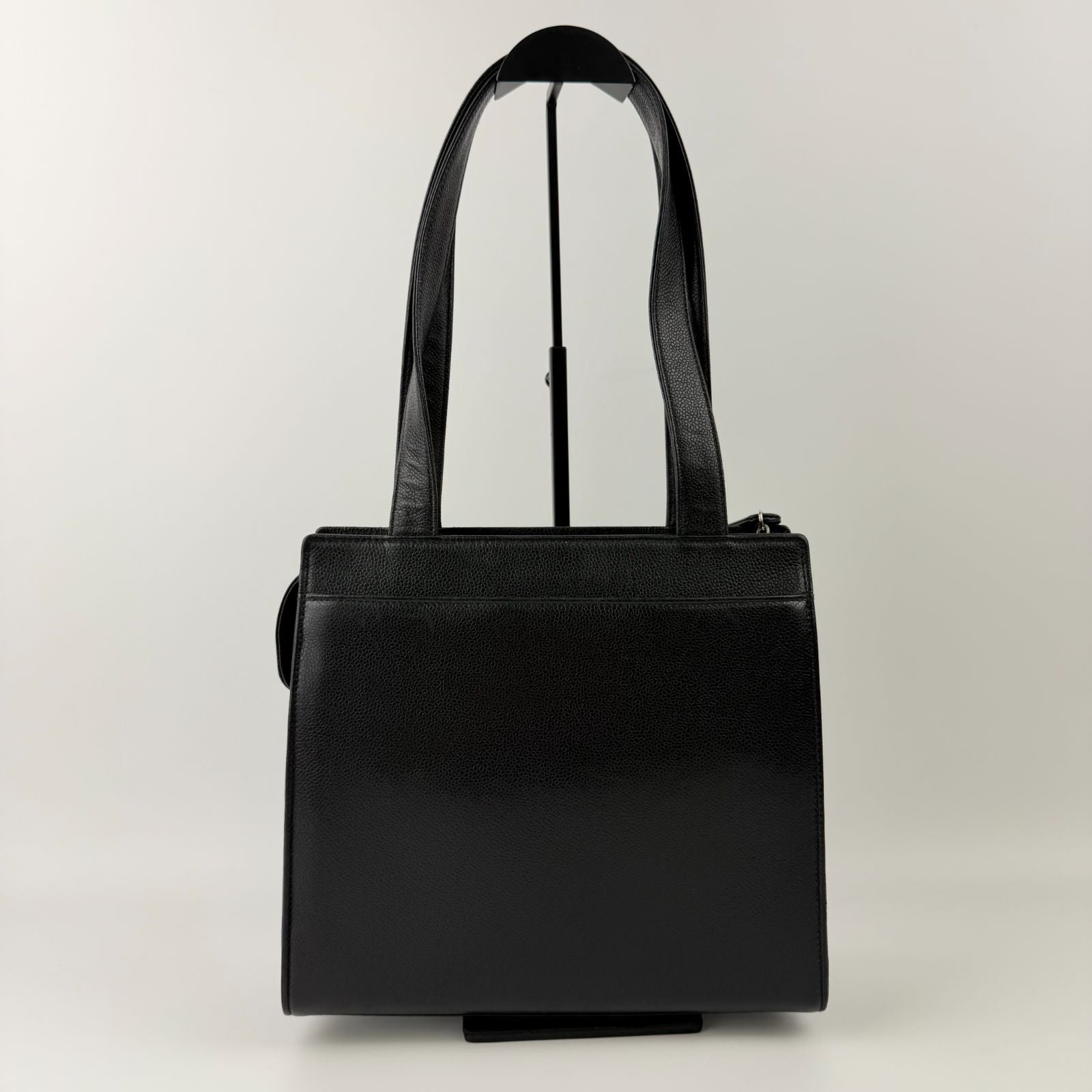 Chanel CC Logo Tote Shoulder Bag Caviar Leather Black Silver Vintage — view 5
