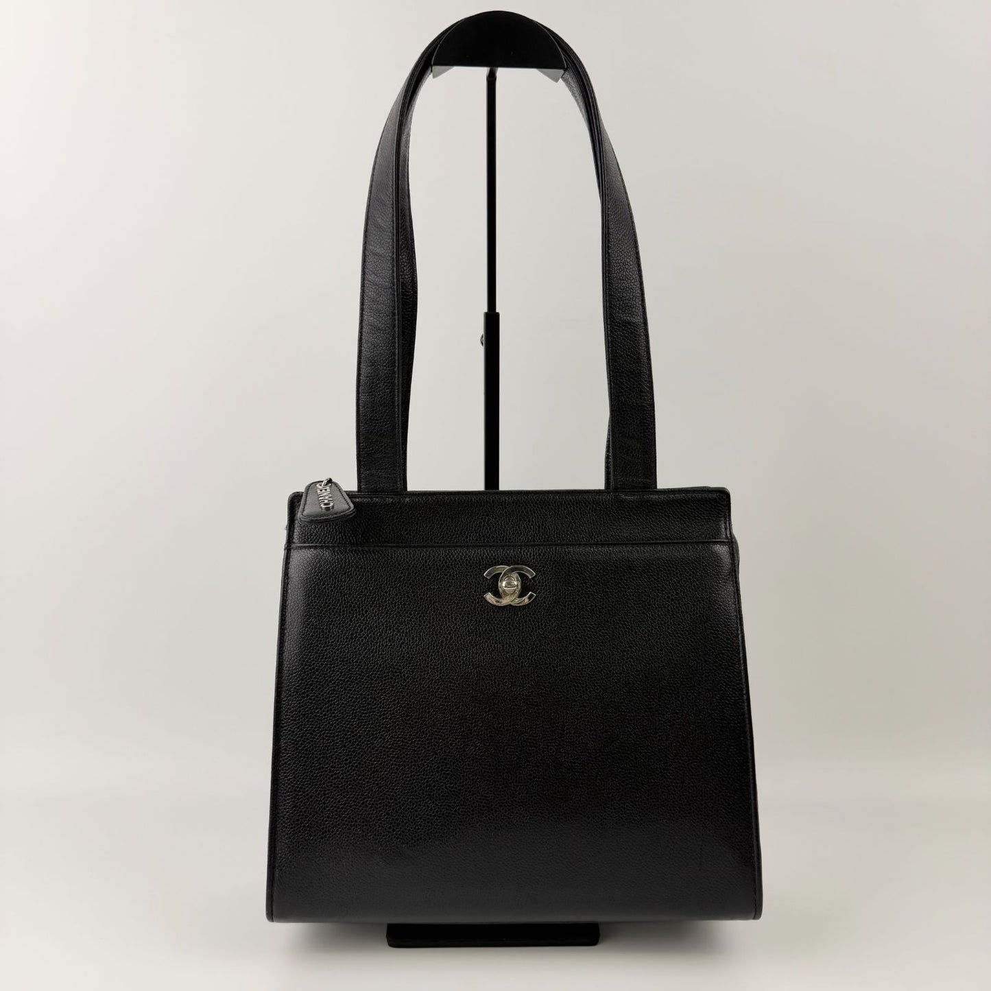 Chanel CC Logo Tote Shoulder Bag Caviar Leather Black Silver Vintage — view 4