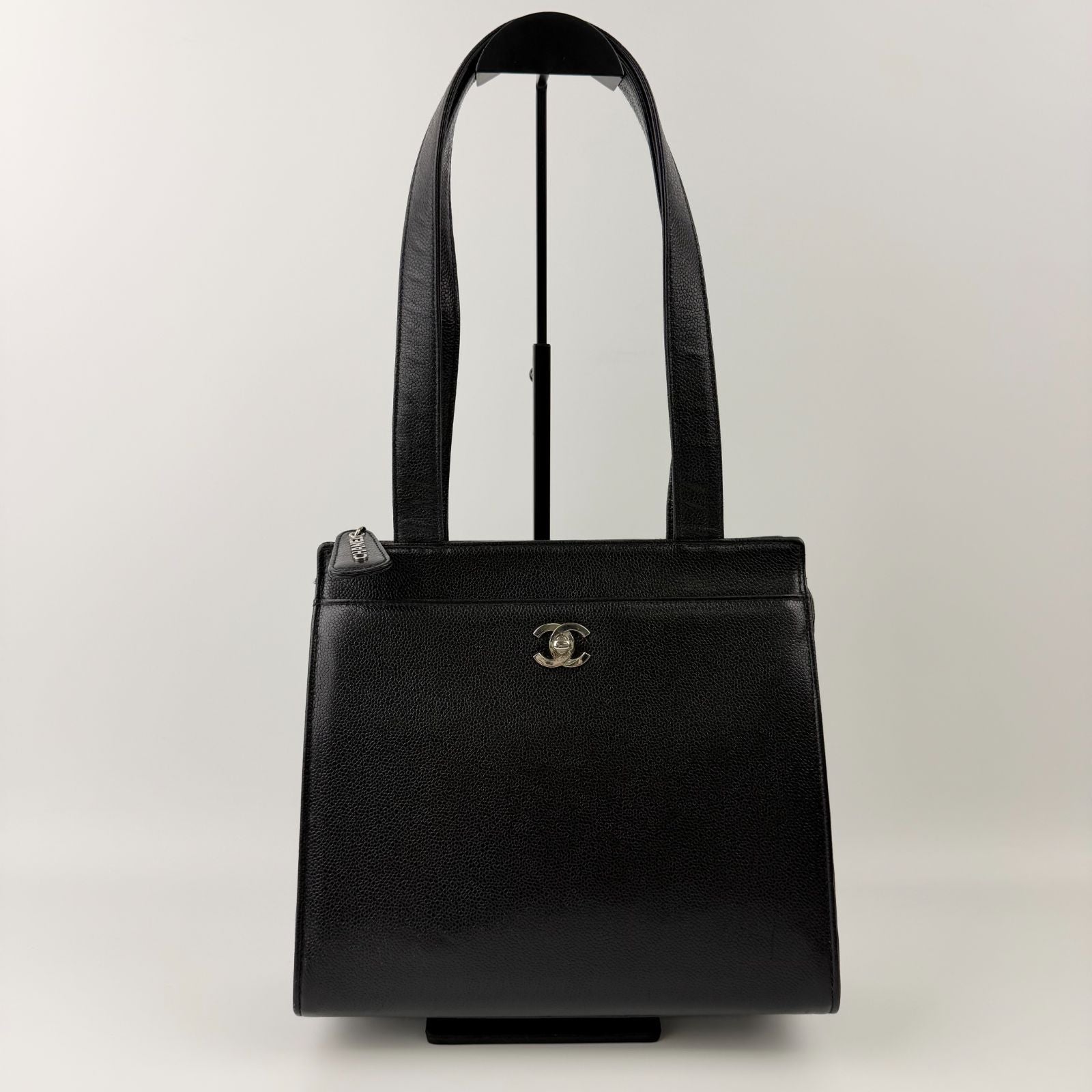 Chanel CC Logo Tote Shoulder Bag Caviar Leather Black Silver Vintage — view 4