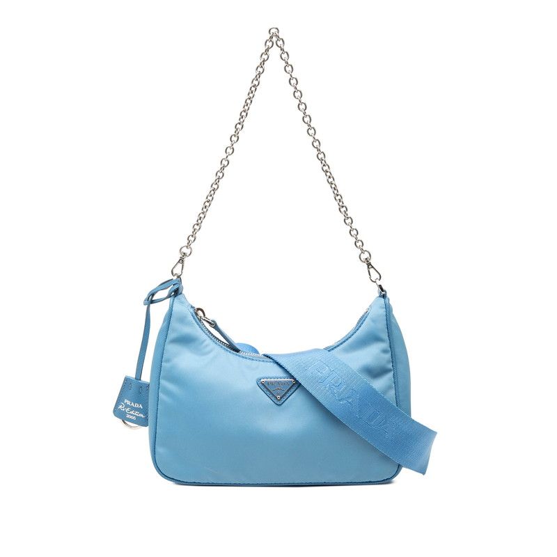 Prada Chain 2-Way Shoulder Bag Blue Nylon Leather