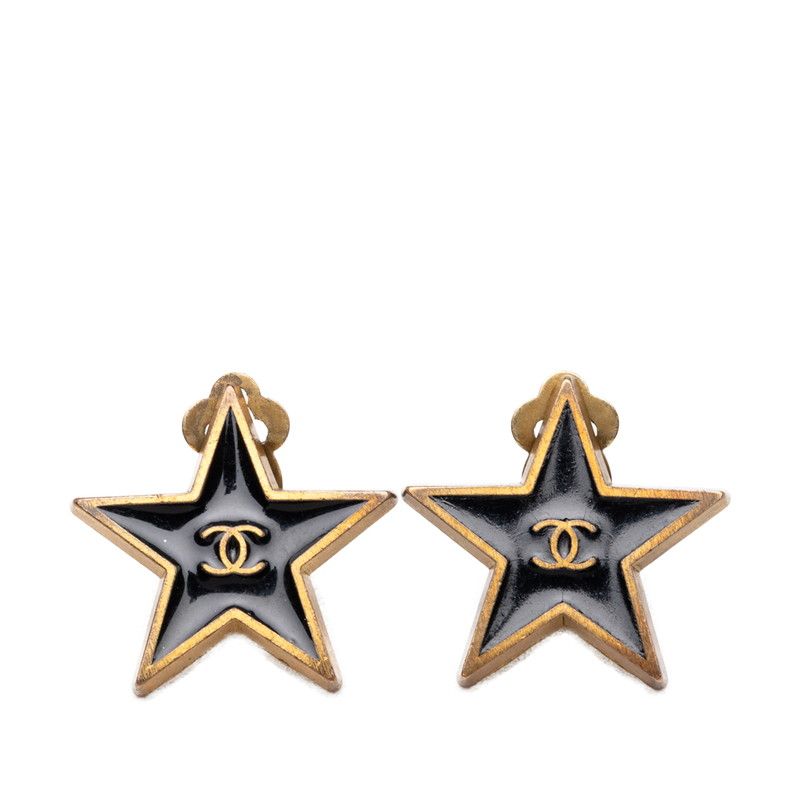 Chanel 01P CC Logo Star Motif Earrings 01 Black Gold Plated