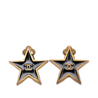 Chanel 01P CC Logo Star Motif Earrings 01 Black Gold Plated