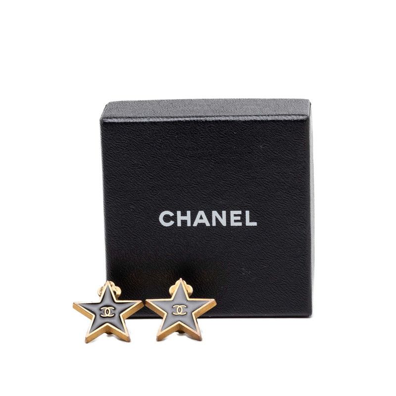 Chanel 01P CC Logo Star Motif Earrings 01 Black Gold Plated — view 4