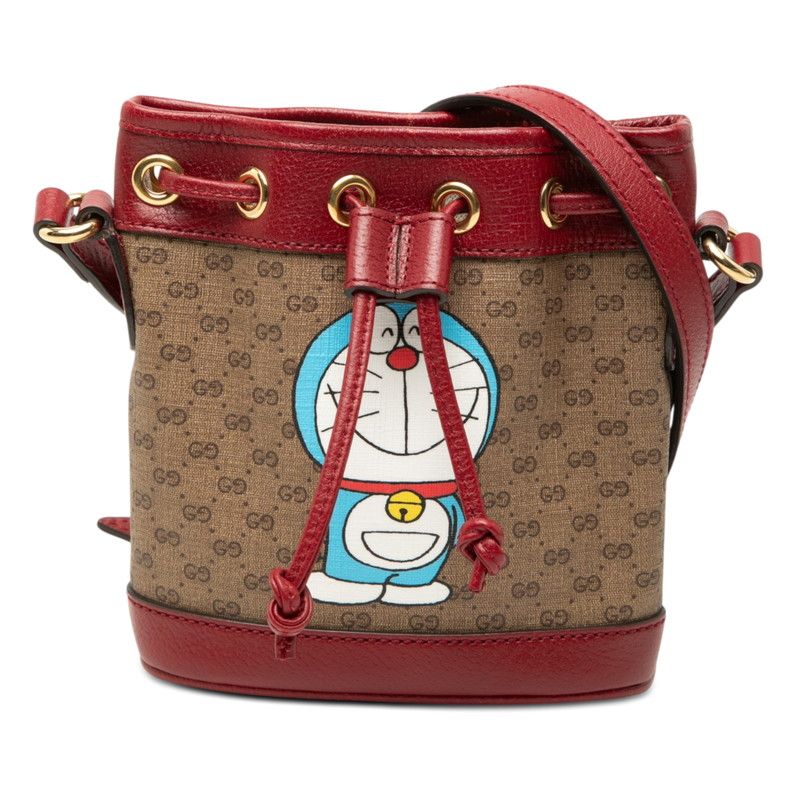 Gucci Doraemon Mini GG Supreme Bucket Bag Brown Red