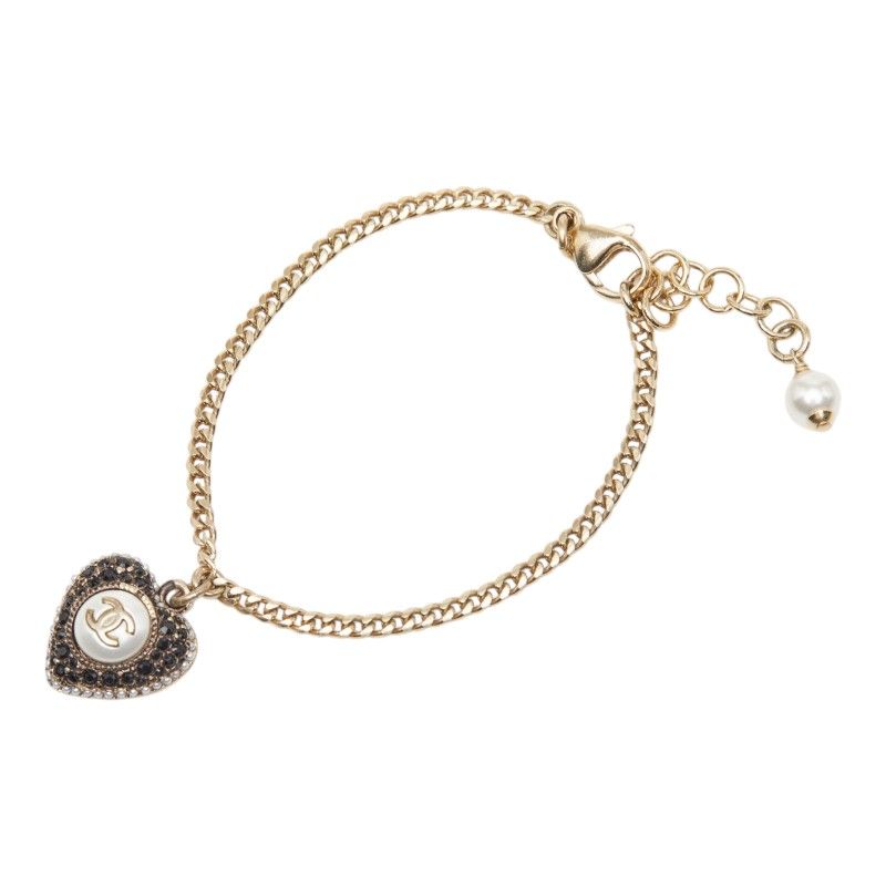 Chanel CC Logo Heart Motif Bracelet Gold And Black Plated Faux Pearls