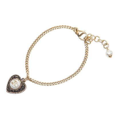 Chanel CC Logo Heart Motif Bracelet Gold And Black Plated Faux Pearls
