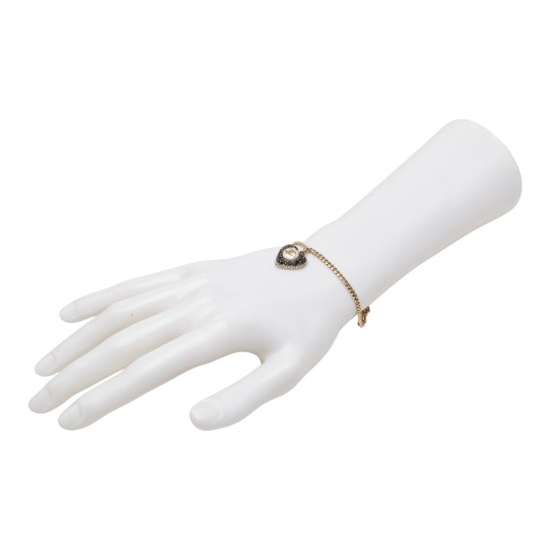 Chanel CC Logo Heart Motif Bracelet Gold And Black Plated Faux Pearls — view 7
