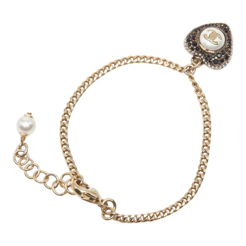 Chanel CC Logo Heart Motif Bracelet Gold And Black Plated Faux Pearls — view 2