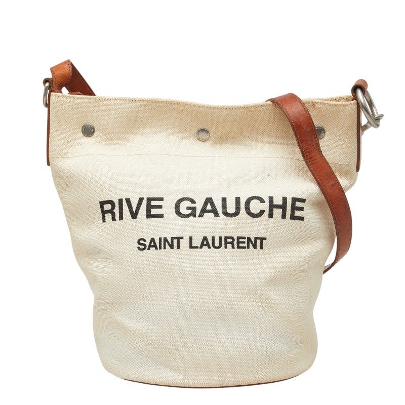 Saint Laurent Rive Gauche Crossbody Shoulder Bag Ivory Brown Canvas Leather