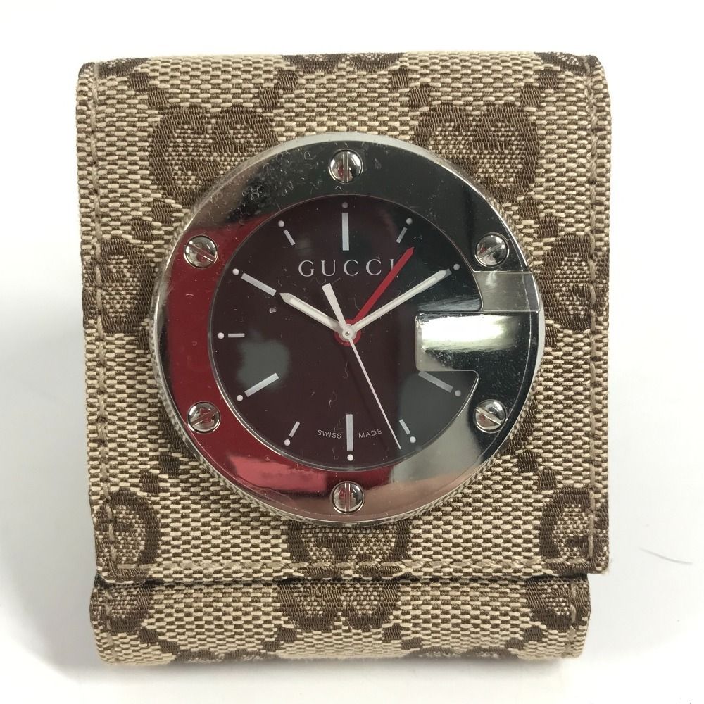 Gucci GG Canvas Leather Travel Table Clock Beige Black