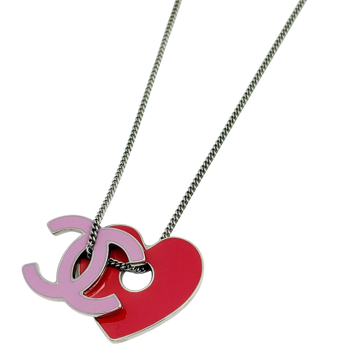 Chanel CC Logo Necklace Heart Silver Plated Pink