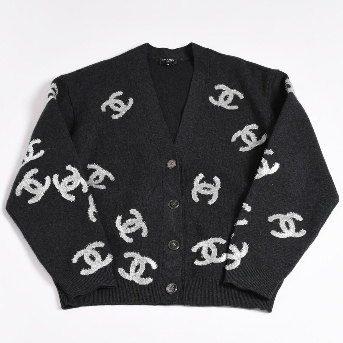 Chanel Cashmere Knit Cardigan CC Logo Glitter Charcoal 38