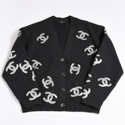 Chanel Cashmere Knit Cardigan CC Logo Glitter Charcoal 38
