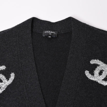 Chanel Cashmere Knit Cardigan CC Logo Glitter Charcoal 38 — view 3