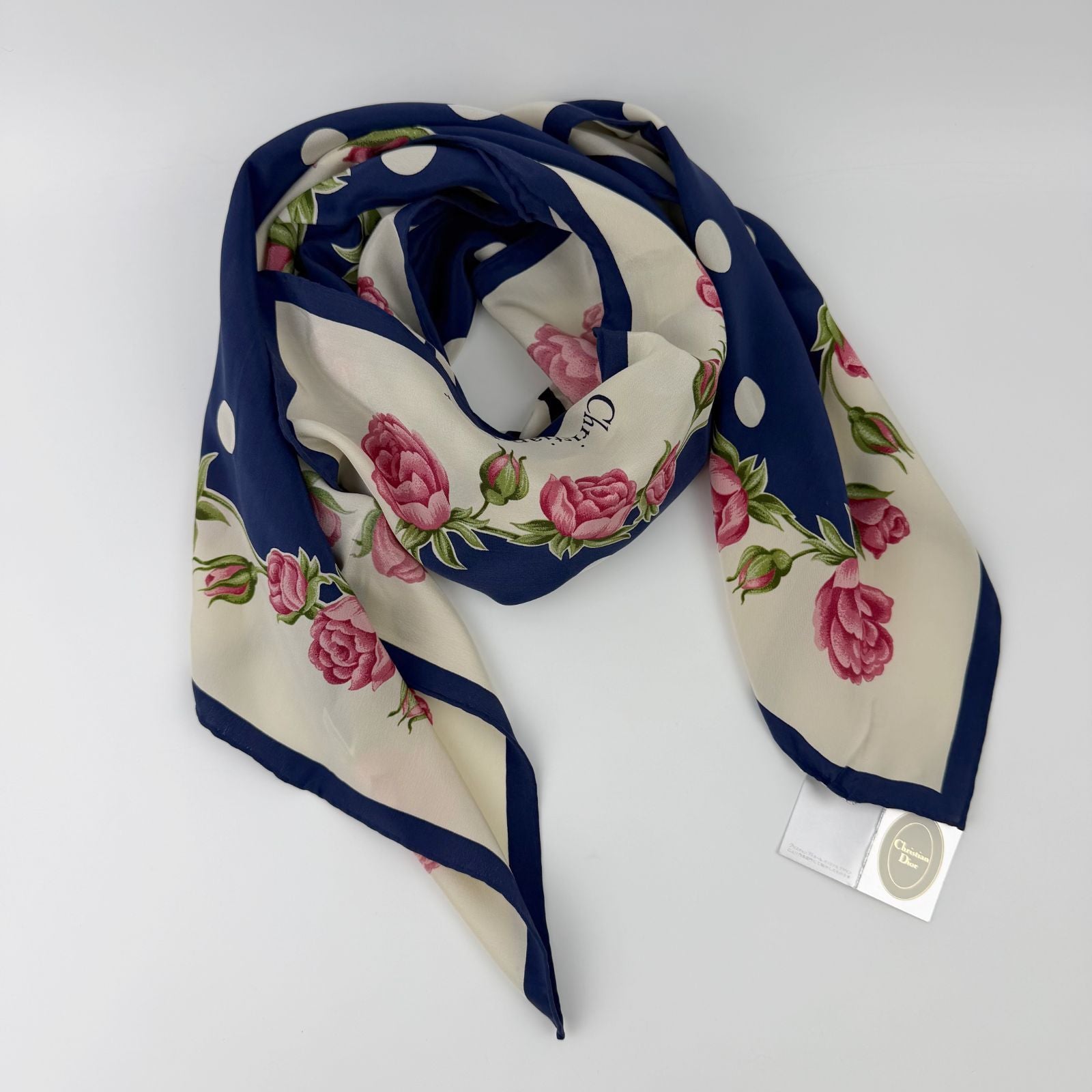 Dior Trotter Style Logo Dot And Rose Print Silk Scarf Navy Vintage — view 2