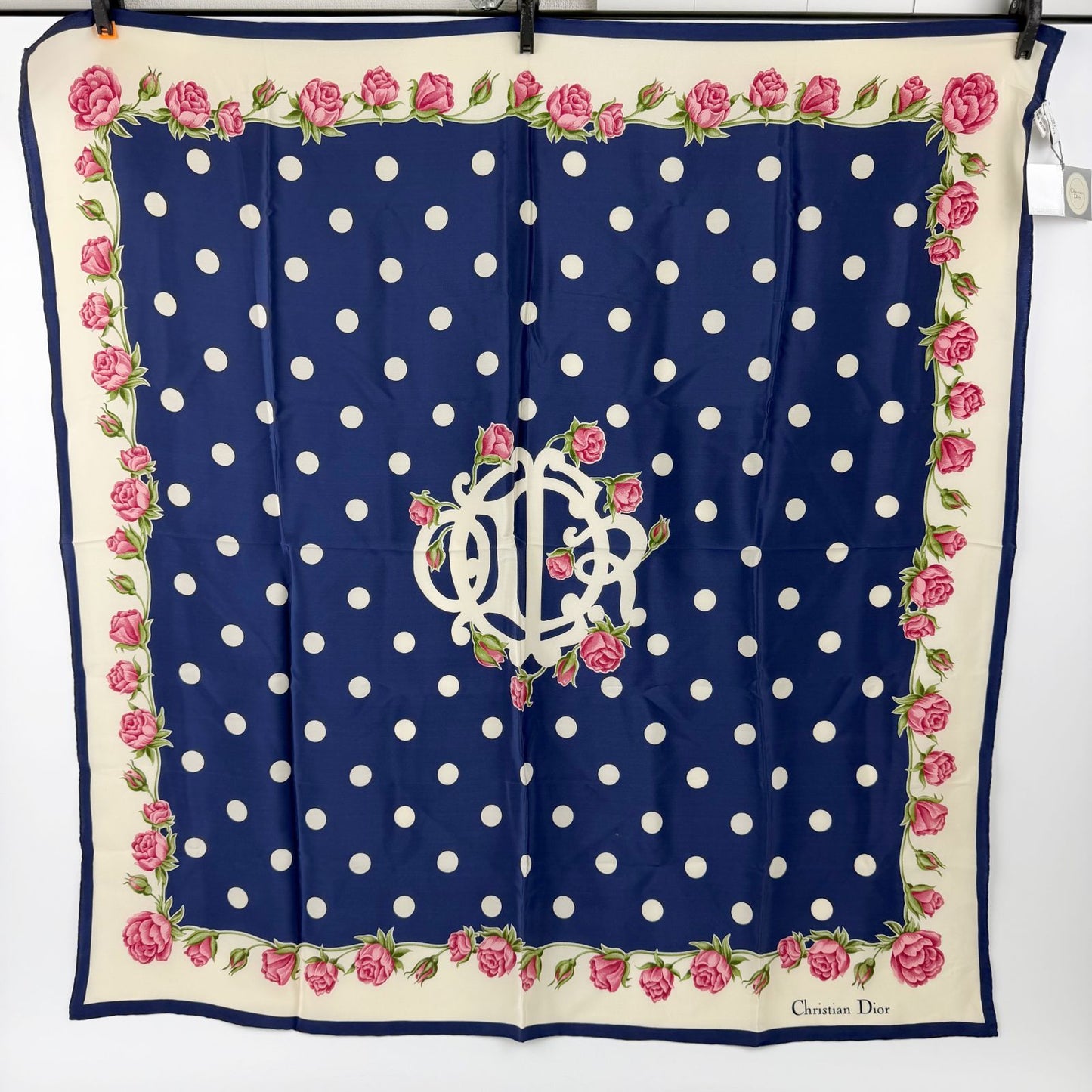 Dior Trotter Style Logo Dot And Rose Print Silk Scarf Navy Vintage