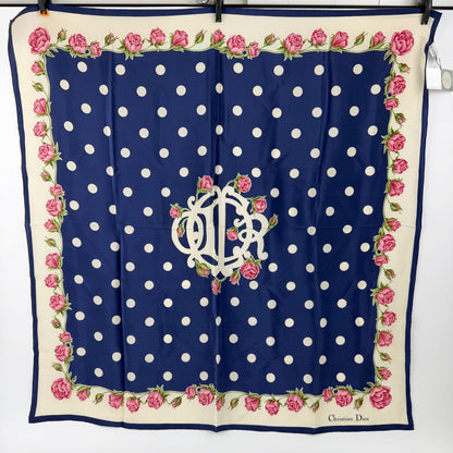 Dior Trotter Style Logo Dot And Rose Print Silk Scarf Navy Vintage
