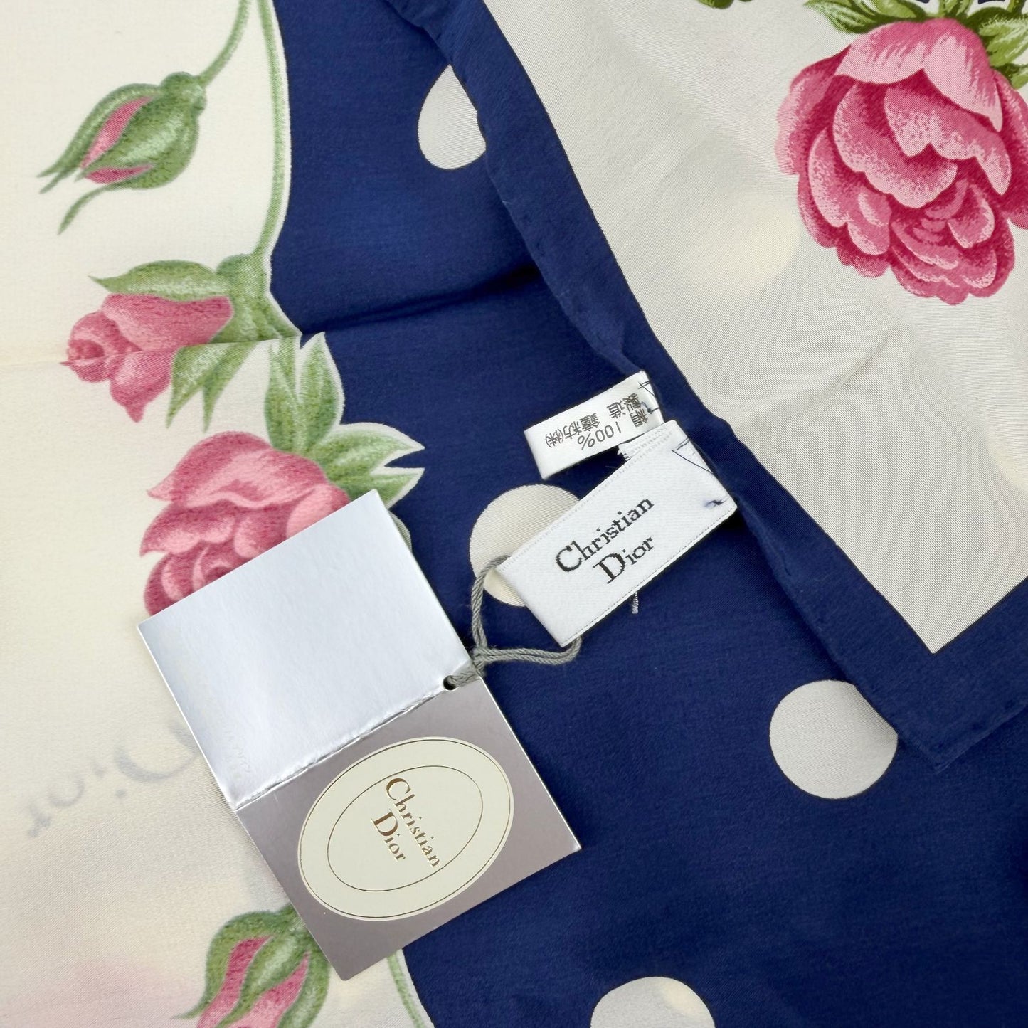 Dior Trotter Style Logo Dot And Rose Print Silk Scarf Navy Vintage — view 8