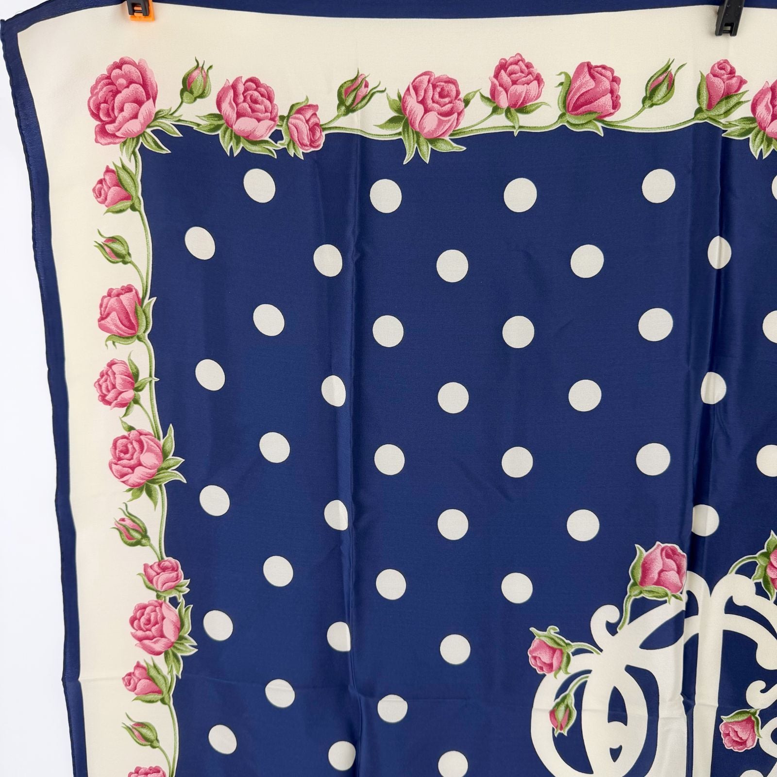 Dior Trotter Style Logo Dot And Rose Print Silk Scarf Navy Vintage — view 3