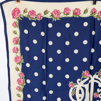 Dior Trotter Style Logo Dot And Rose Print Silk Scarf Navy Vintage — view 3