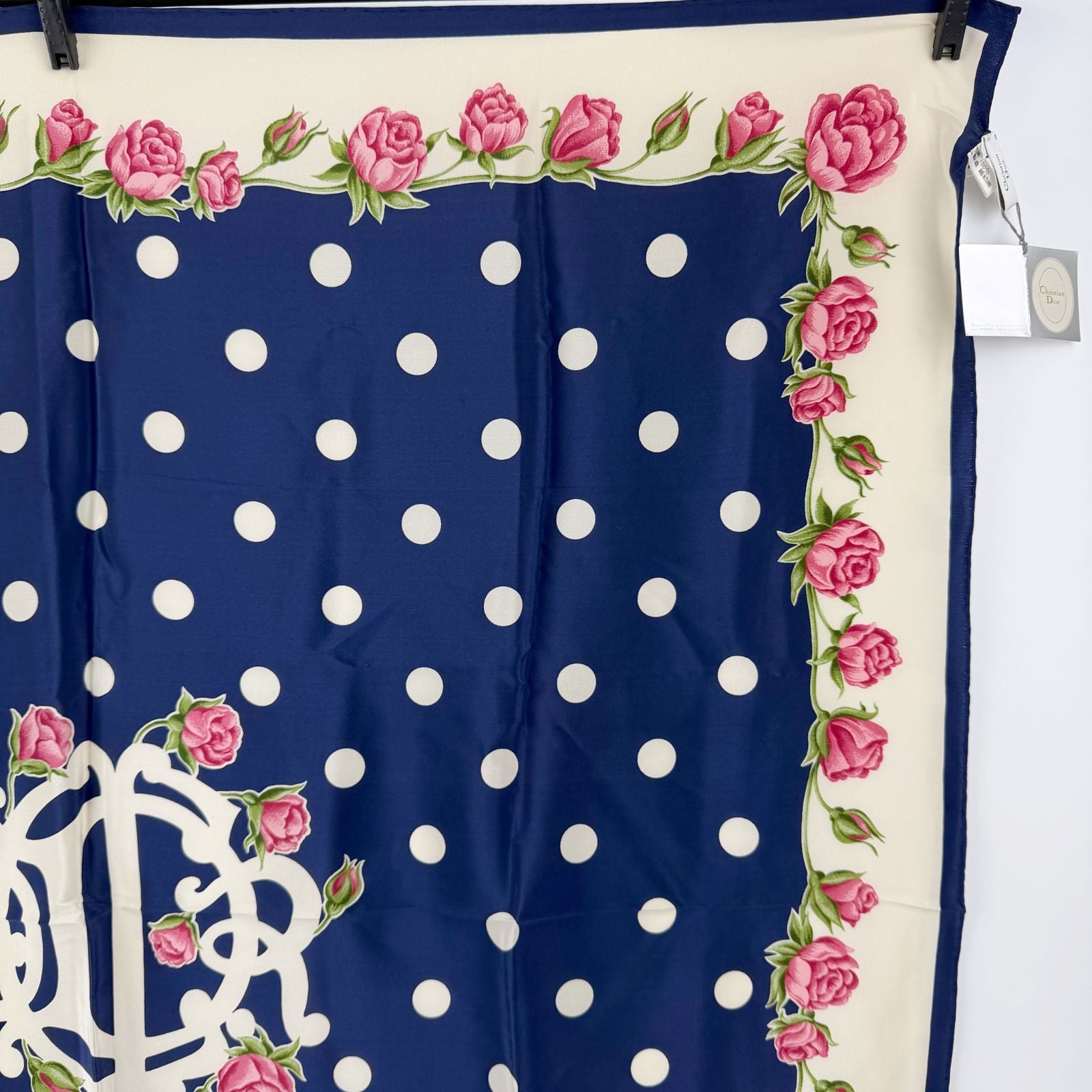 Dior Trotter Style Logo Dot And Rose Print Silk Scarf Navy Vintage — view 4