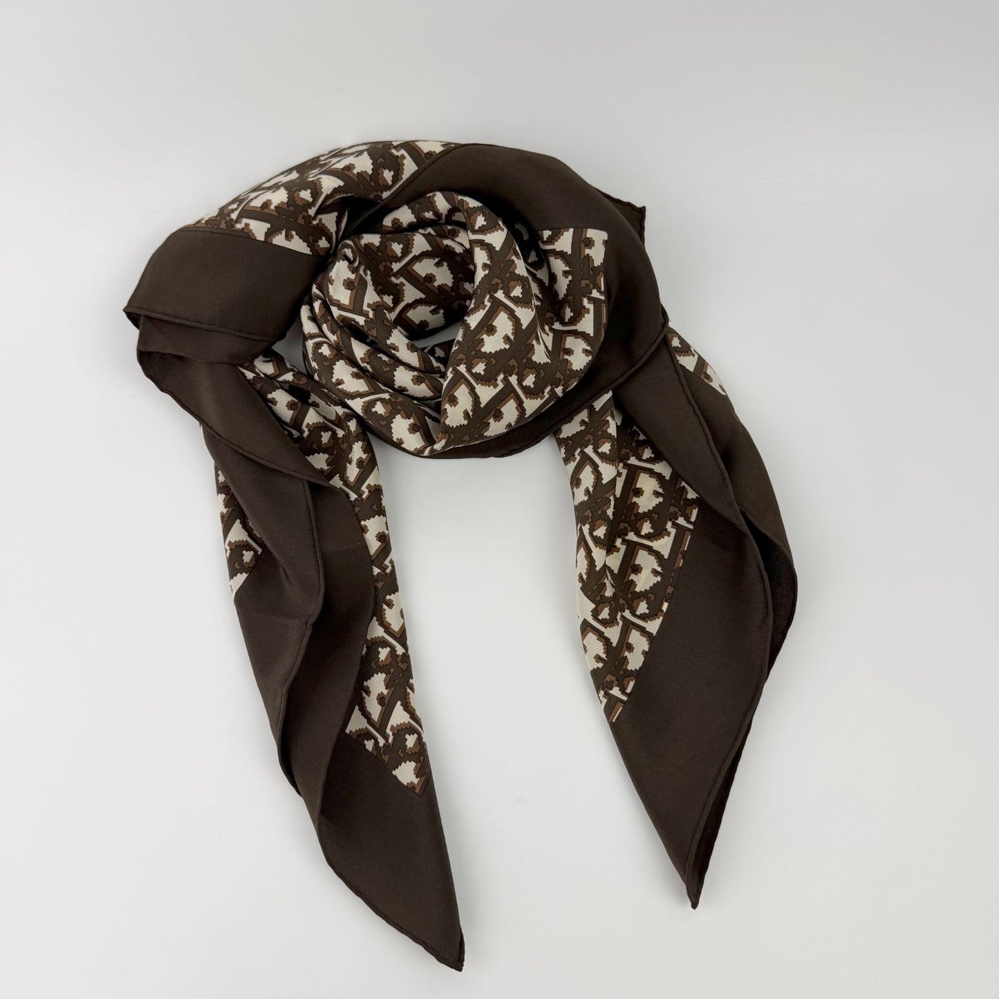 Dior Trotter Logo All Over Print Silk Scarf Brown White Vintage — view 2