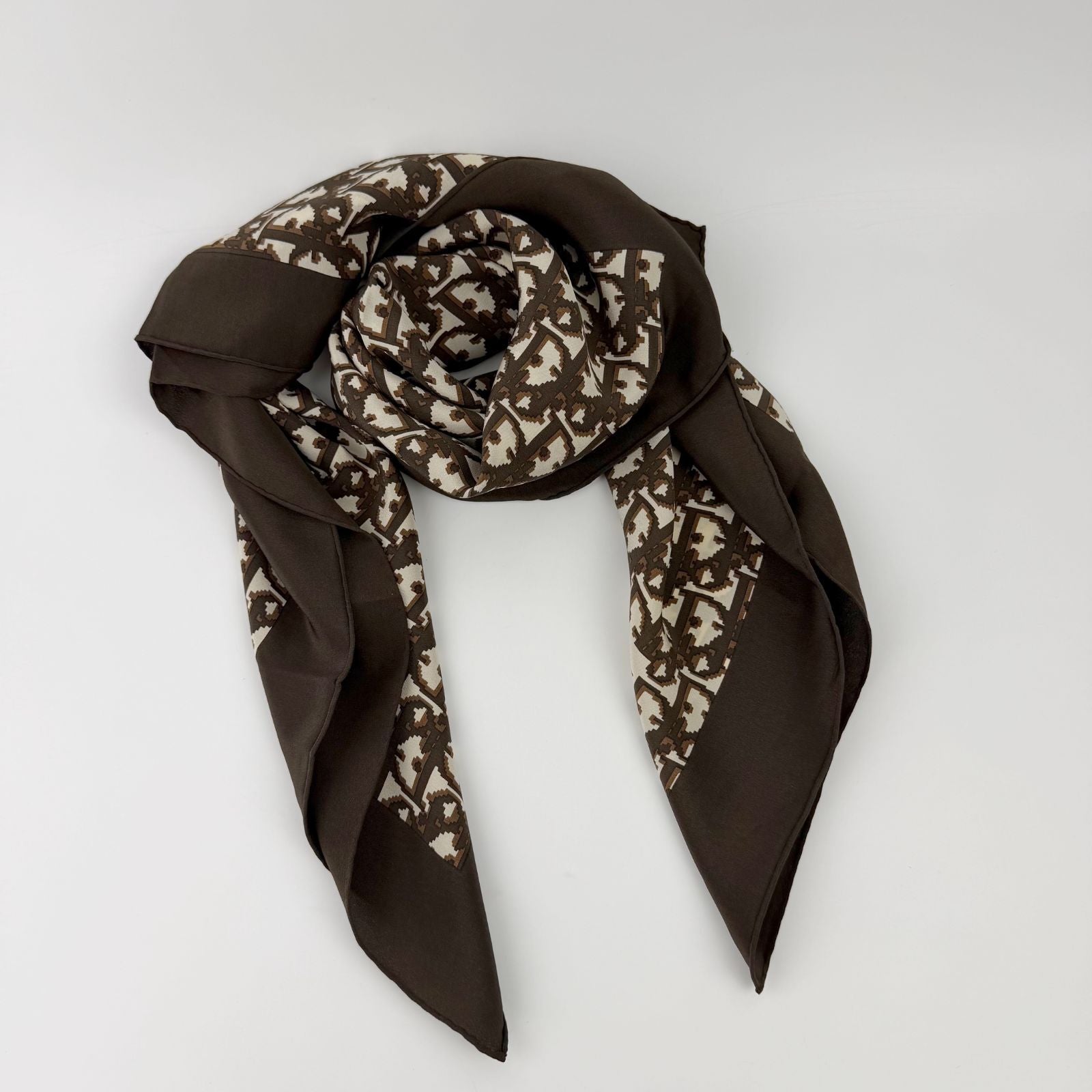 Dior Trotter Logo All Over Print Silk Scarf Brown White Vintage — view 2