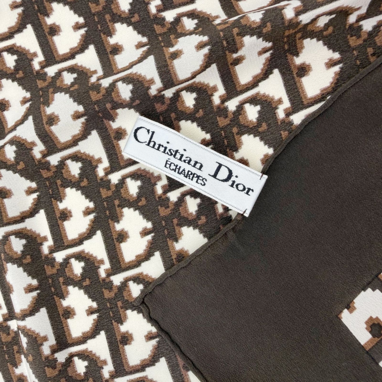 Dior Trotter Logo All Over Print Silk Scarf Brown White Vintage — view 8