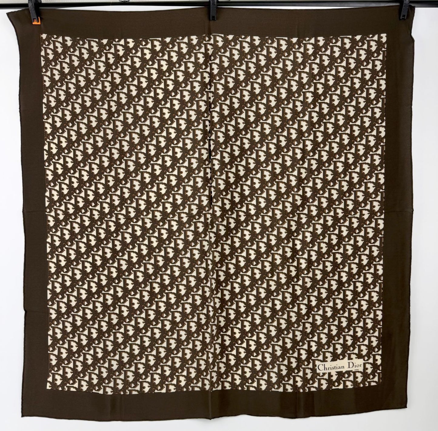 Dior Trotter Logo All Over Print Silk Scarf Brown White Vintage