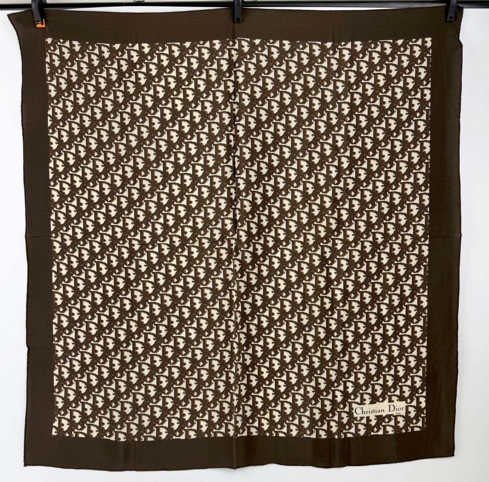 Dior Trotter Logo All Over Print Silk Scarf Brown White Vintage