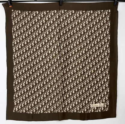 Dior Trotter Logo All Over Print Silk Scarf Brown White Vintage