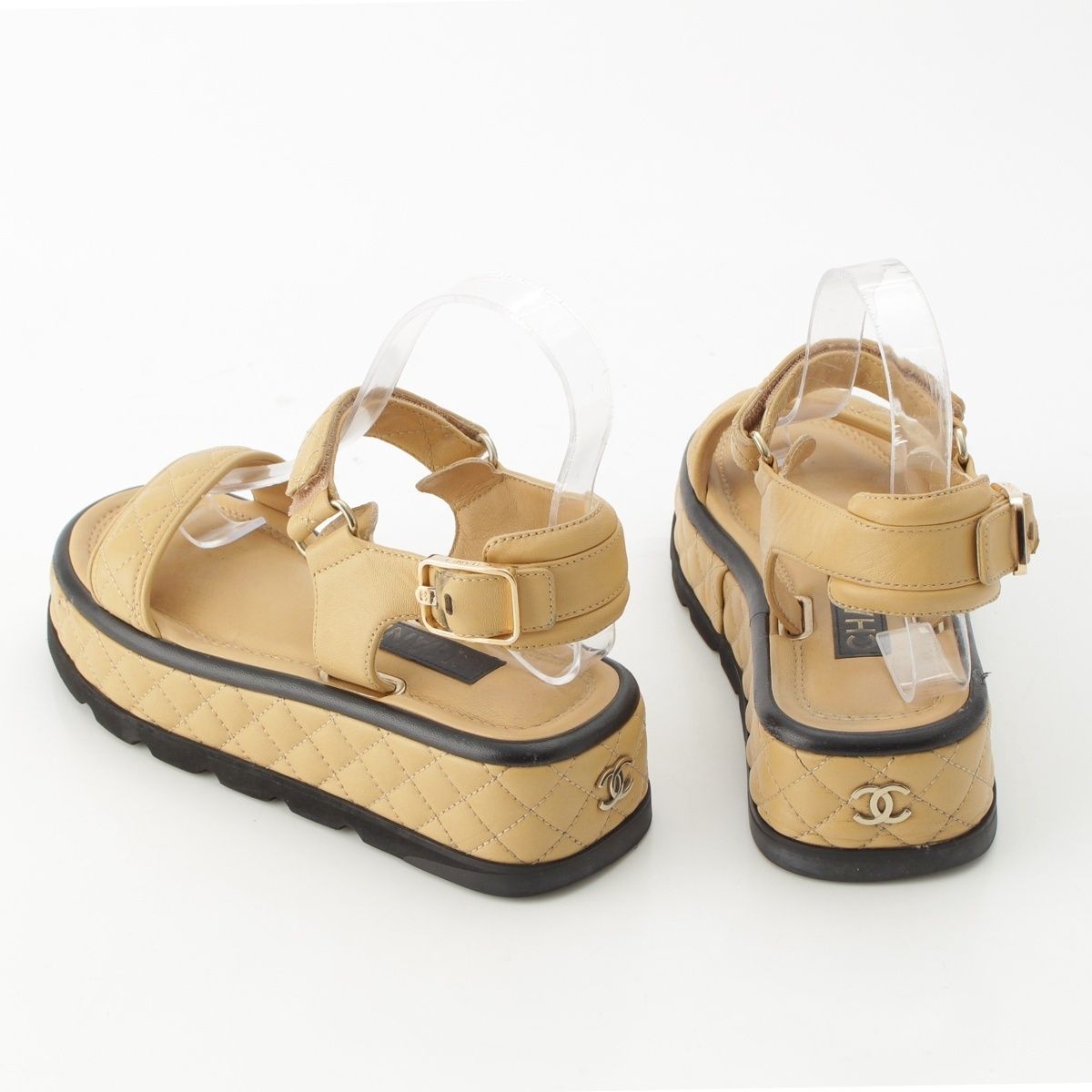 Chanel Quilted Lambskin CC Logo Velcro Strap Sandals Beige 36C — view 4