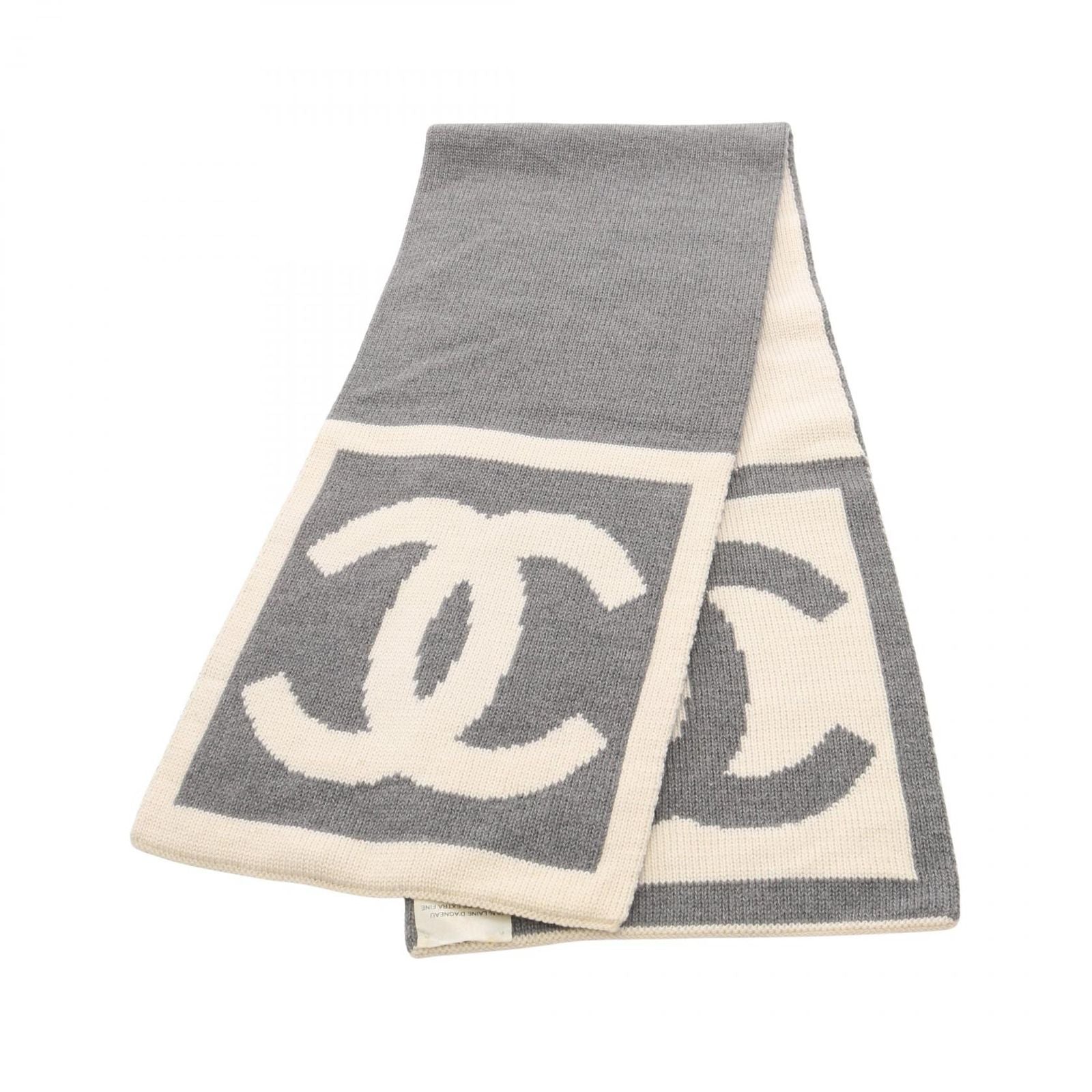 Chanel Scarf CC Logo Gray White Wool Silk