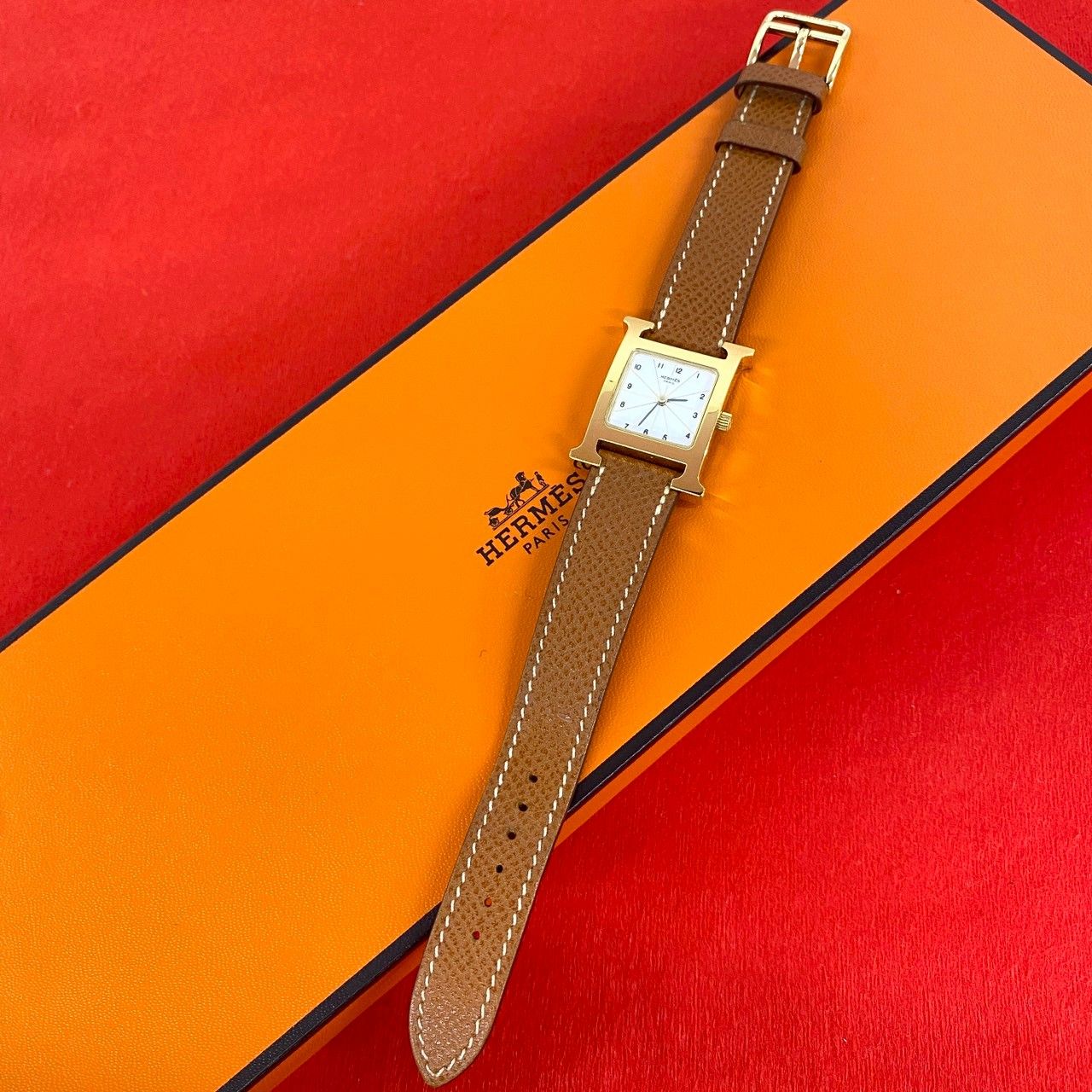 Hermes Watch Leather Quartz Brown Gold