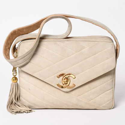 Chanel CC Logo Suede Tassel Shoulder Bag Chevron Bahia Stitch Gold
