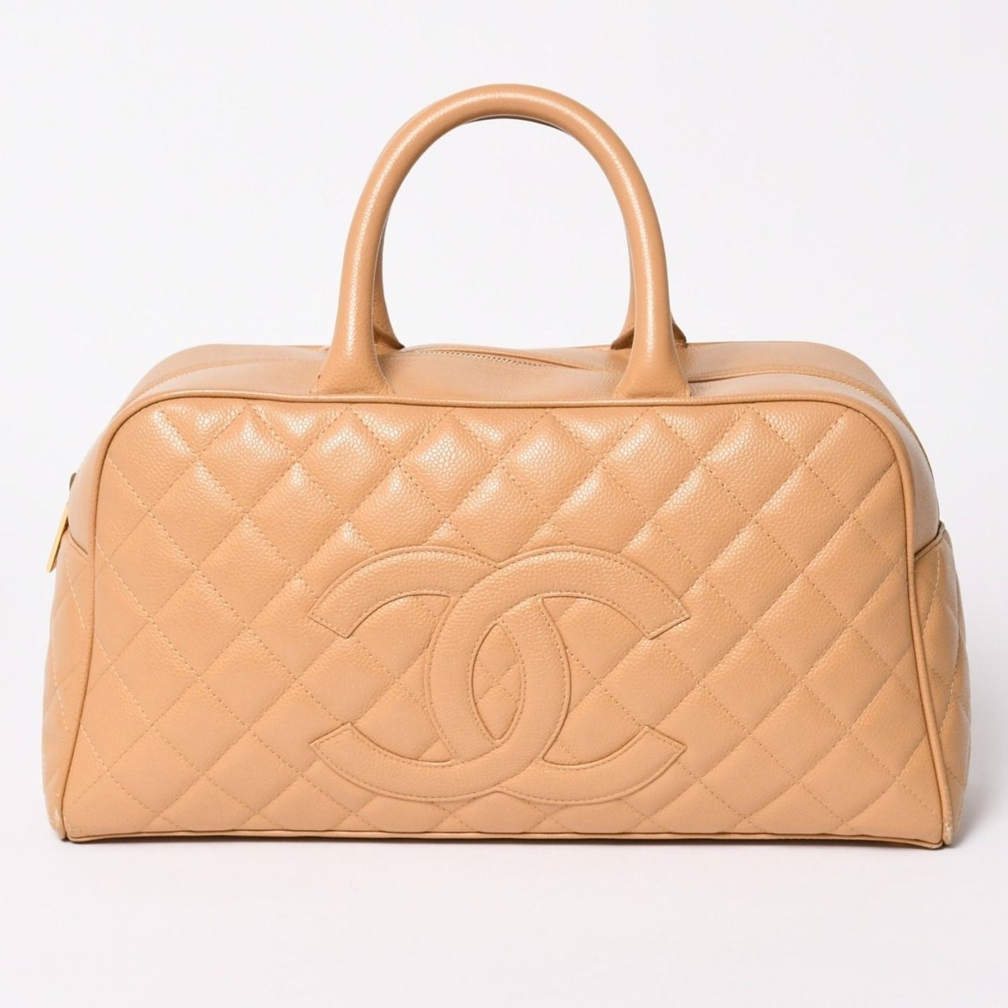 Chanel Quilted Handbag Mini Boston Shape Bag CC Logo Caviar Leather Beige