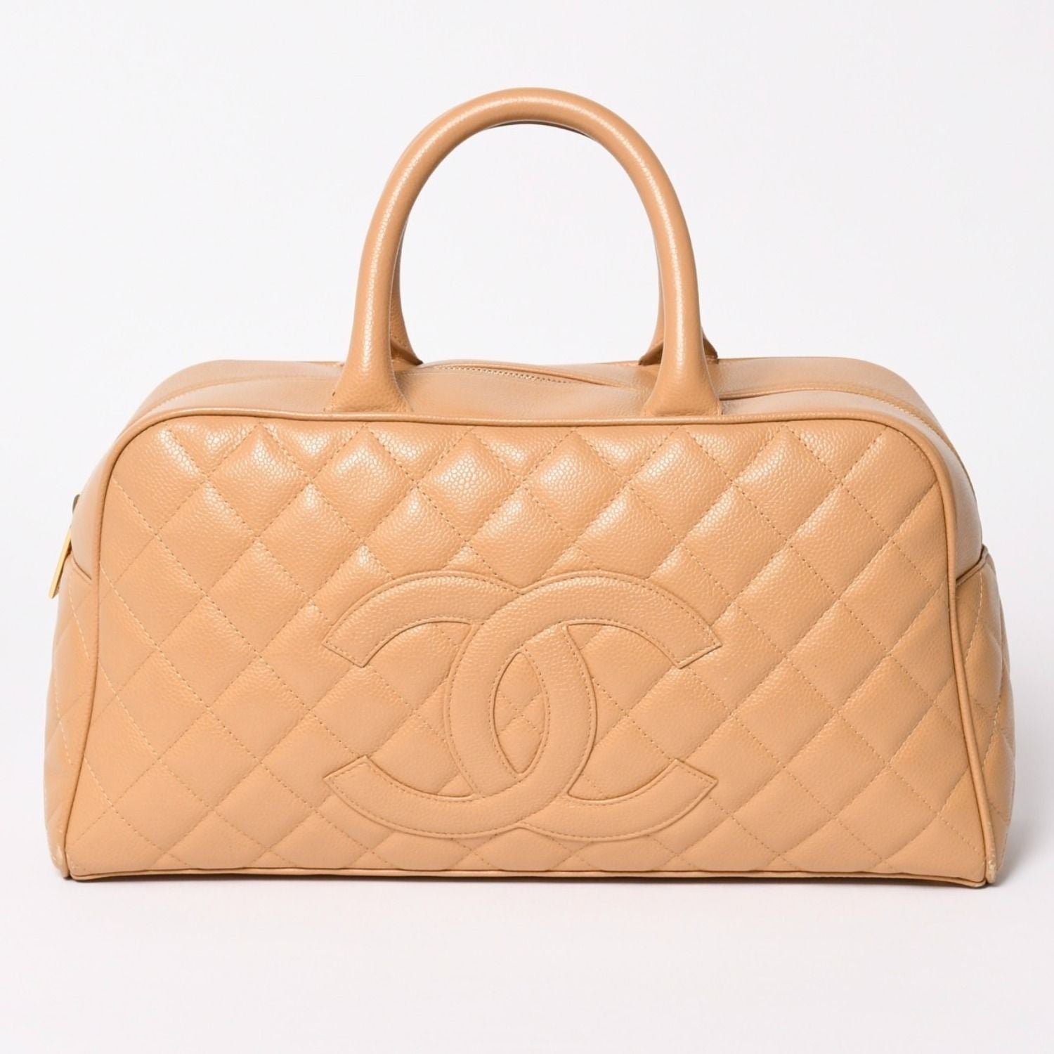 Chanel Quilted Handbag Mini Boston Shape Bag CC Logo Caviar Leather Beige