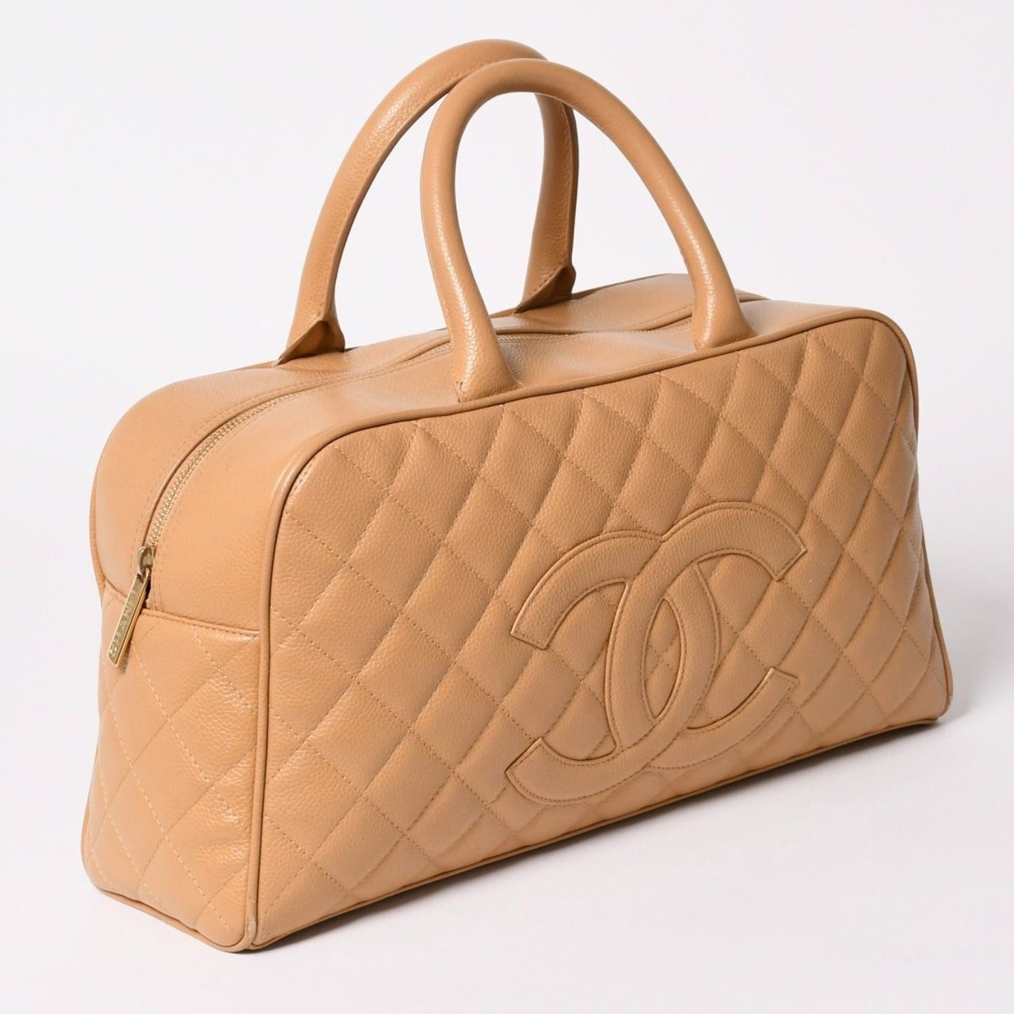 Chanel Quilted Handbag Mini Boston Shape Bag CC Logo Caviar Leather Beige — view 3