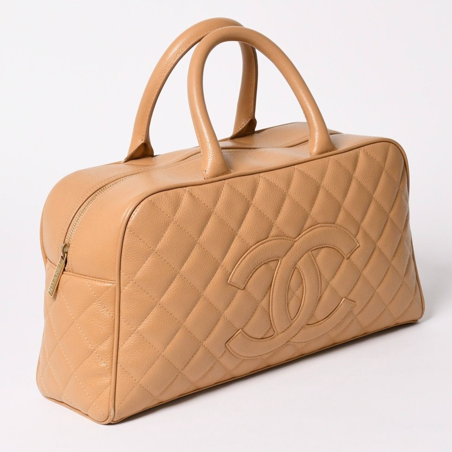 Chanel Quilted Handbag Mini Boston Shape Bag CC Logo Caviar Leather Beige — view 3