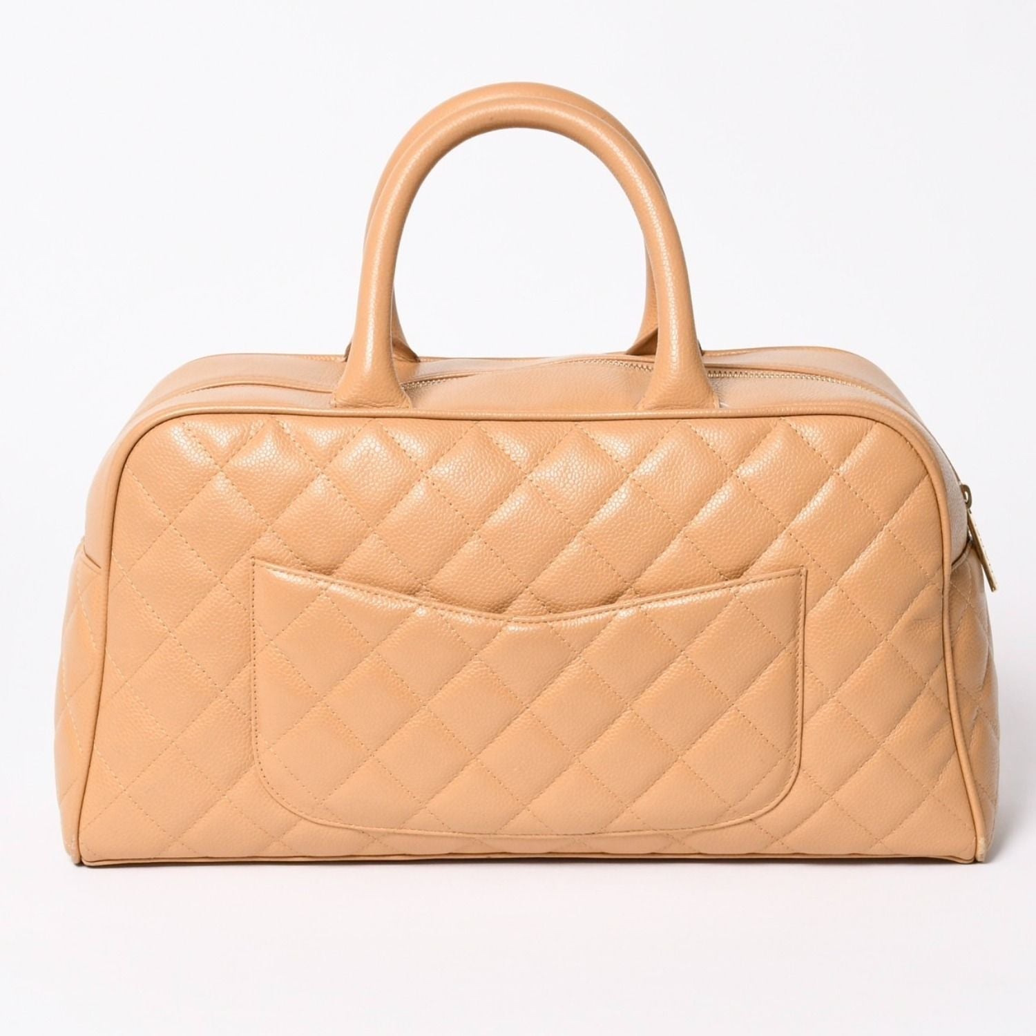 Chanel Quilted Handbag Mini Boston Shape Bag CC Logo Caviar Leather Beige — view 2
