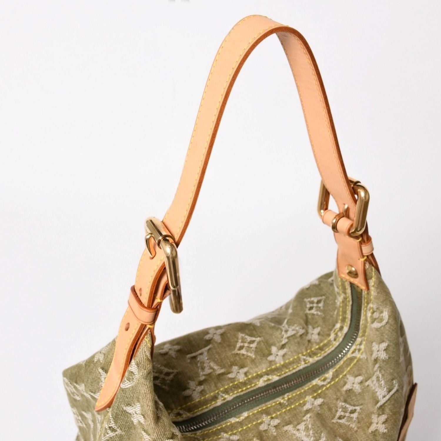 Louis Vuitton Monogram Denim Baggy GM Green Gold Vachetta Leather — view 5